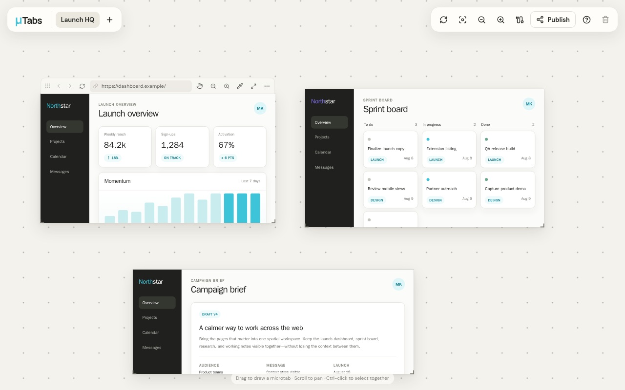 A TabGlue canvas holding a launch dashboard, a sprint board, and a campaign brief as three live tabs.